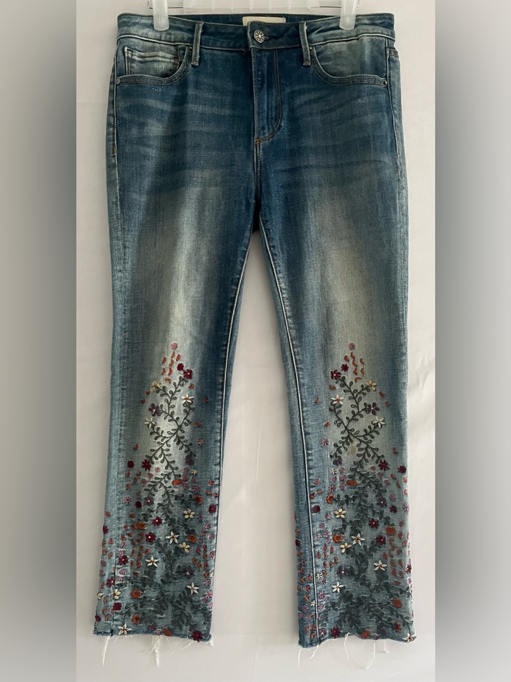 Driftwood Candace Floral Embroidered Raw Hem Jeans 27